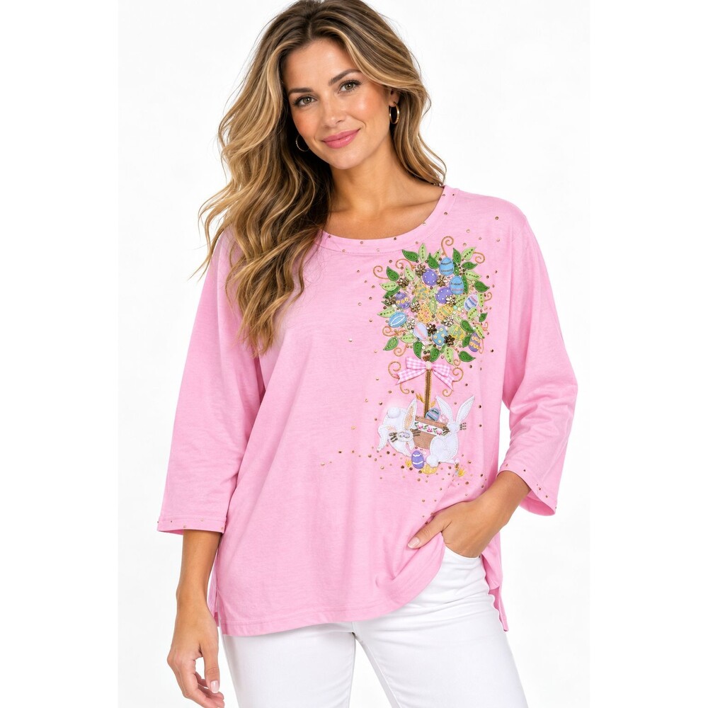 Quacker Factory Easter Bunny Rabbit Beaded Embroidered Top Size 2x Pink Spring